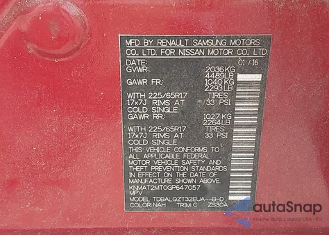 2016 Nissan Rogue Sv z USA, uszkodzony, nr VIN KNMAT2MT0GP647057